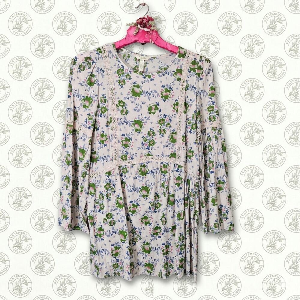 Matilda Jane Floral Lace Trim Boho Tunic Top Blouse Pink Green Size Small